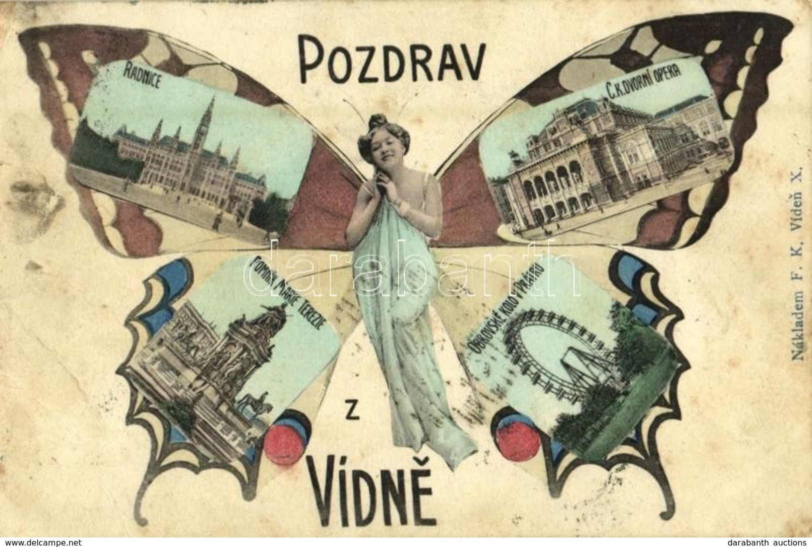 T3 1905 Wien, Vienna, Víden, Bécs; Pozdrav Z Vídne. Radnice, C.k. Dvorní Opera, Pomnik Marie Terezie, Obrovské Kolo V Pr - Autres & Non Classés