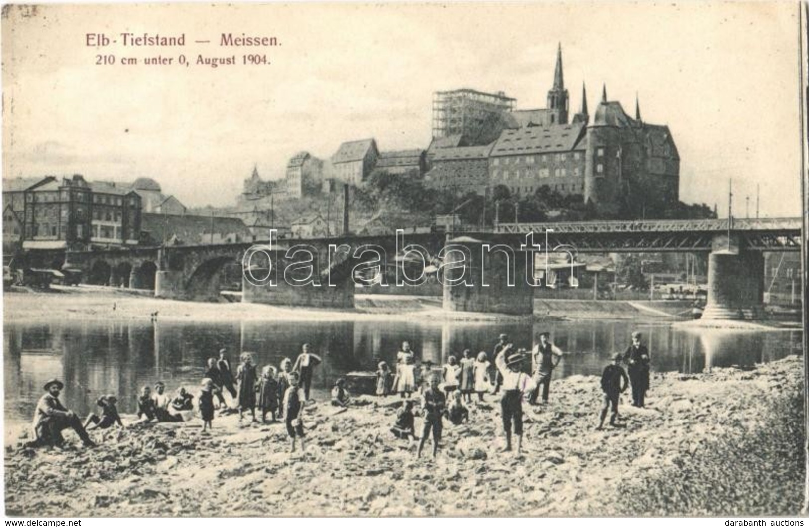 T4 Meissen, Elbe-Tiefstand 210 Cm Unter 0, August 1904. / Low Water Level In 1904, Children At The Riverbank (cut) - Ohne Zuordnung