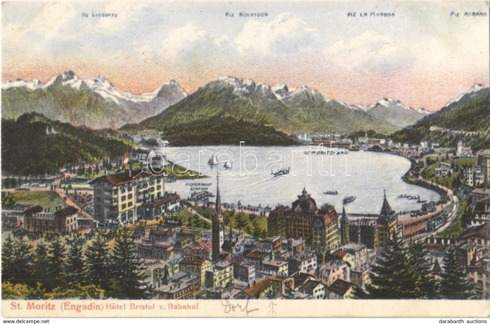 T2 1909 Sankt Moritz, St. Moritz (Engadin); Hotel Bristol V. Bahnhof / Hotel, Railway Station, Motor Boat Station, Tram - Sonstige & Ohne Zuordnung