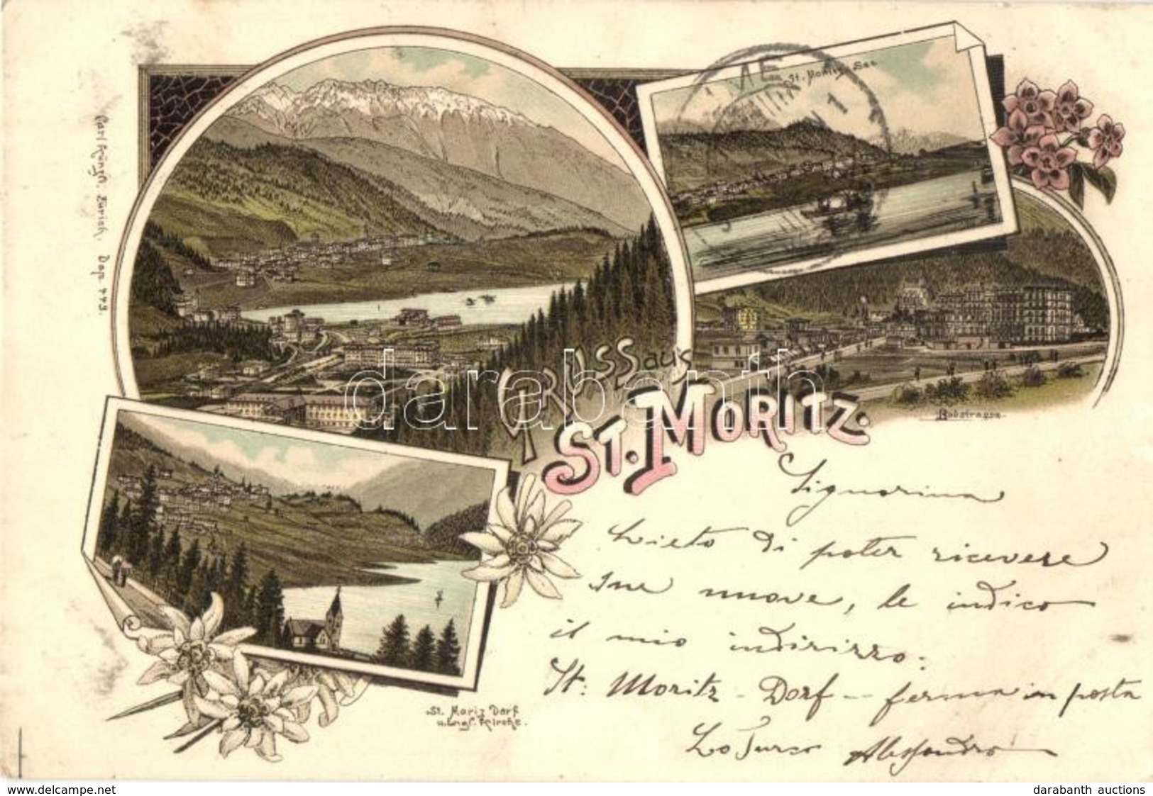 T2 1897 (Vorläufer!) St. Moritz, Kirche, See / Church, Lake. Carl Künzli Floral, Litho - Autres & Non Classés