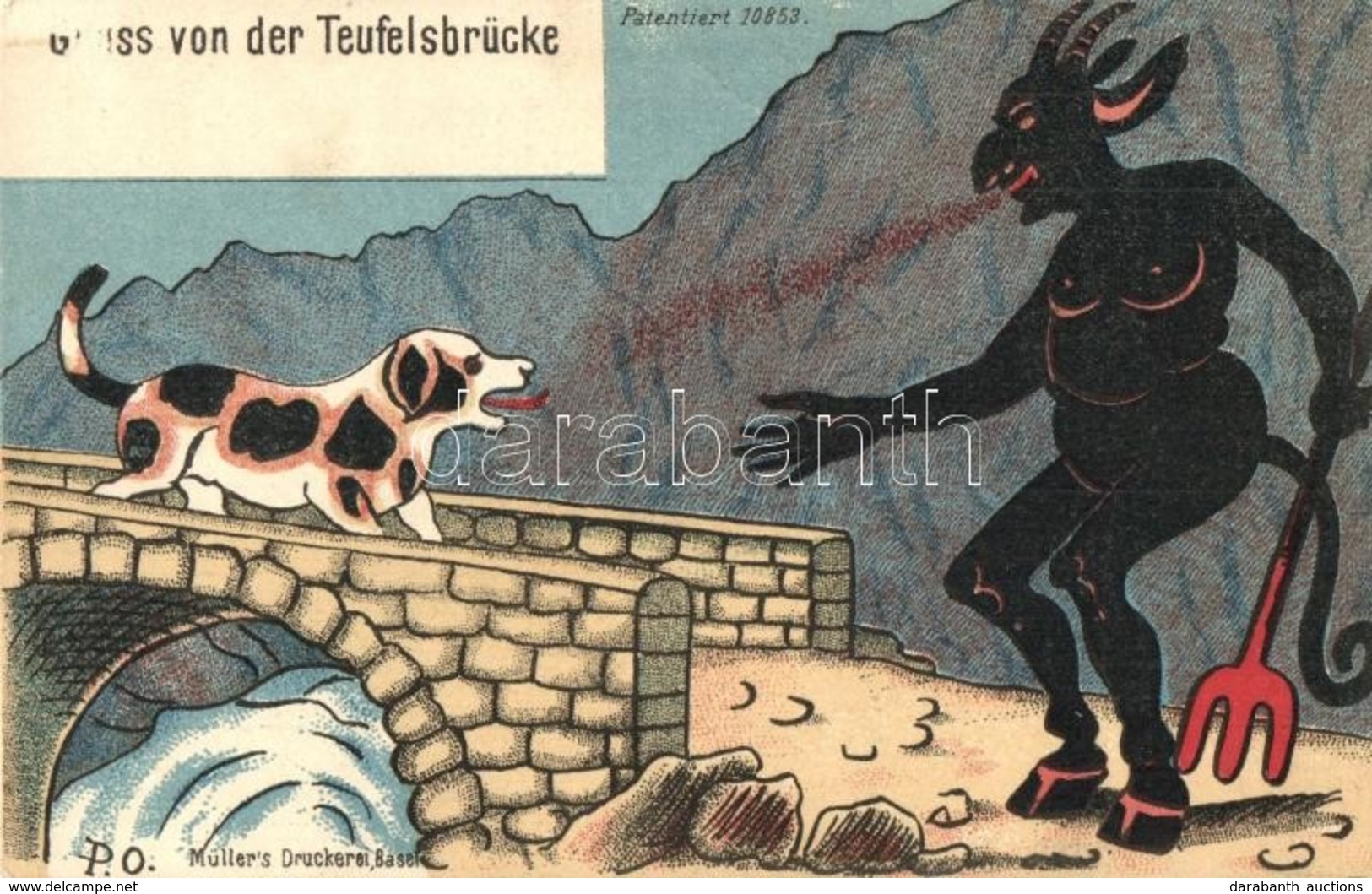 * T2 Gruss Von Der Teufelsbrücke / Krampus Art Postcard. The Devil's Bridge. Müller's Druckerei, Basel, Patentiert 10853 - Ohne Zuordnung