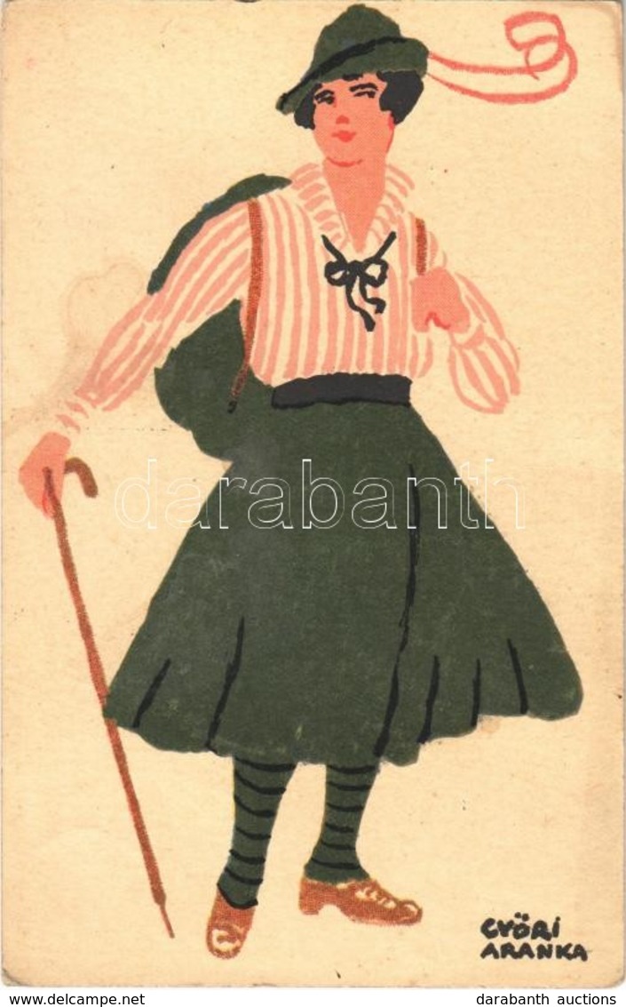 ** T2 Ungarische Werkstätte, Kiránduló Hölgy; Diana Sósborszesz / Hungarian Art Postcard, Hiking Lady. Advertisement On  - Unclassified