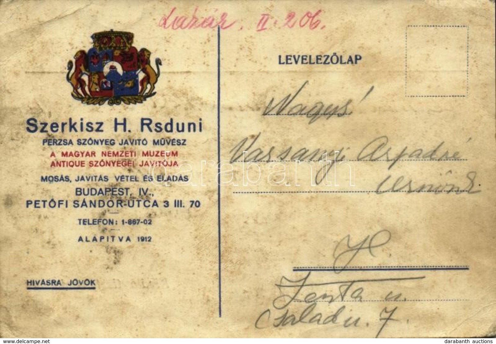 T3 1937 Szerkisz H. Rsduni Perzsa Szőnyeg Javító Művész. A Magyar Nemzeti Múzeum Antique Szőnyegei Javítója. Budapest, P - Ohne Zuordnung