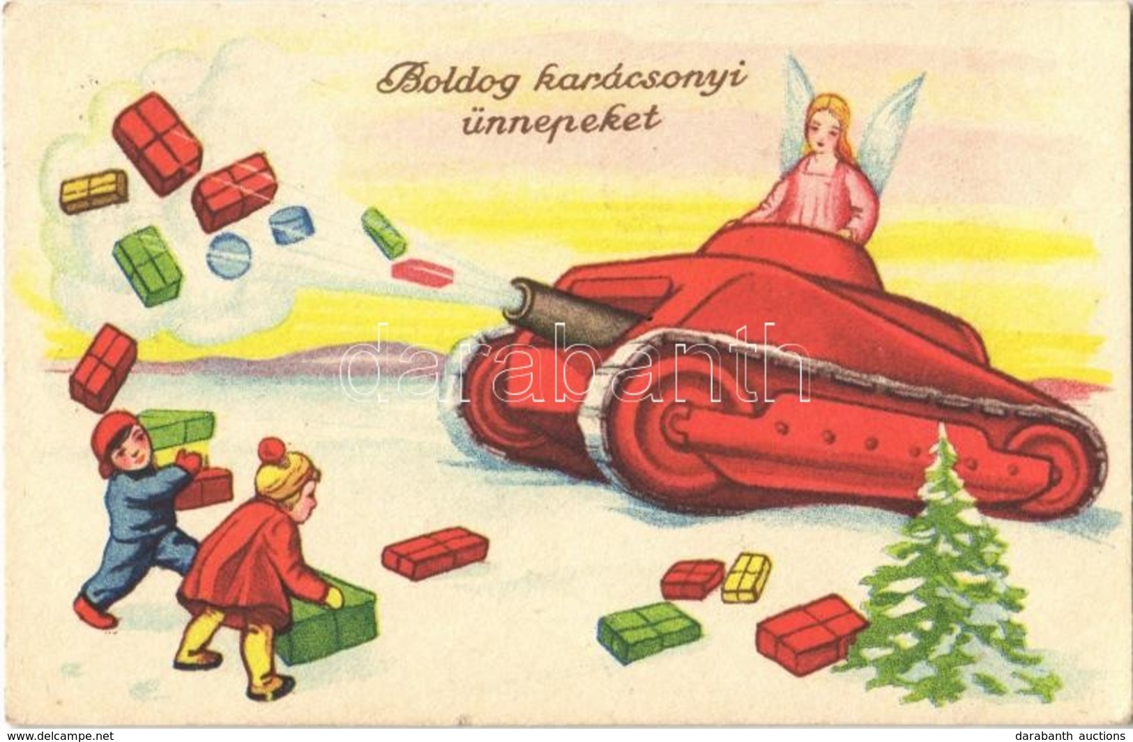 T2/T3 1940 Boldog Karácsonyi Ünnepeket! Tank Angyallal / Christmas Greeting Art Postcard With Angel And Tank (EK) - Non Classés