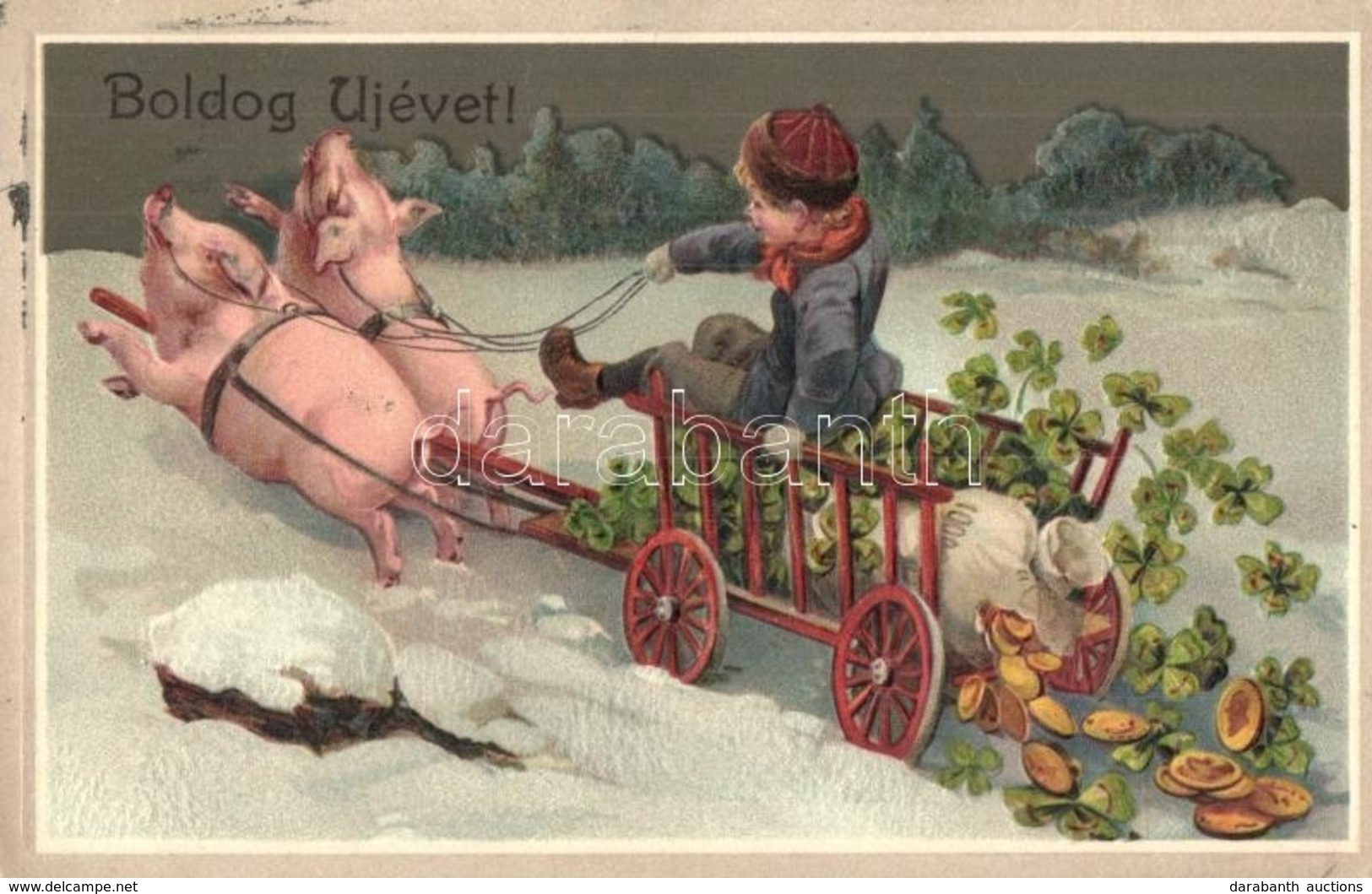 * T2 Boldog Újévet! Dombornyomott Litho üdvözlőlap Malacokkal és Lóherével / New Year Greeting Art Postcard, Pig Cart Wi - Ohne Zuordnung