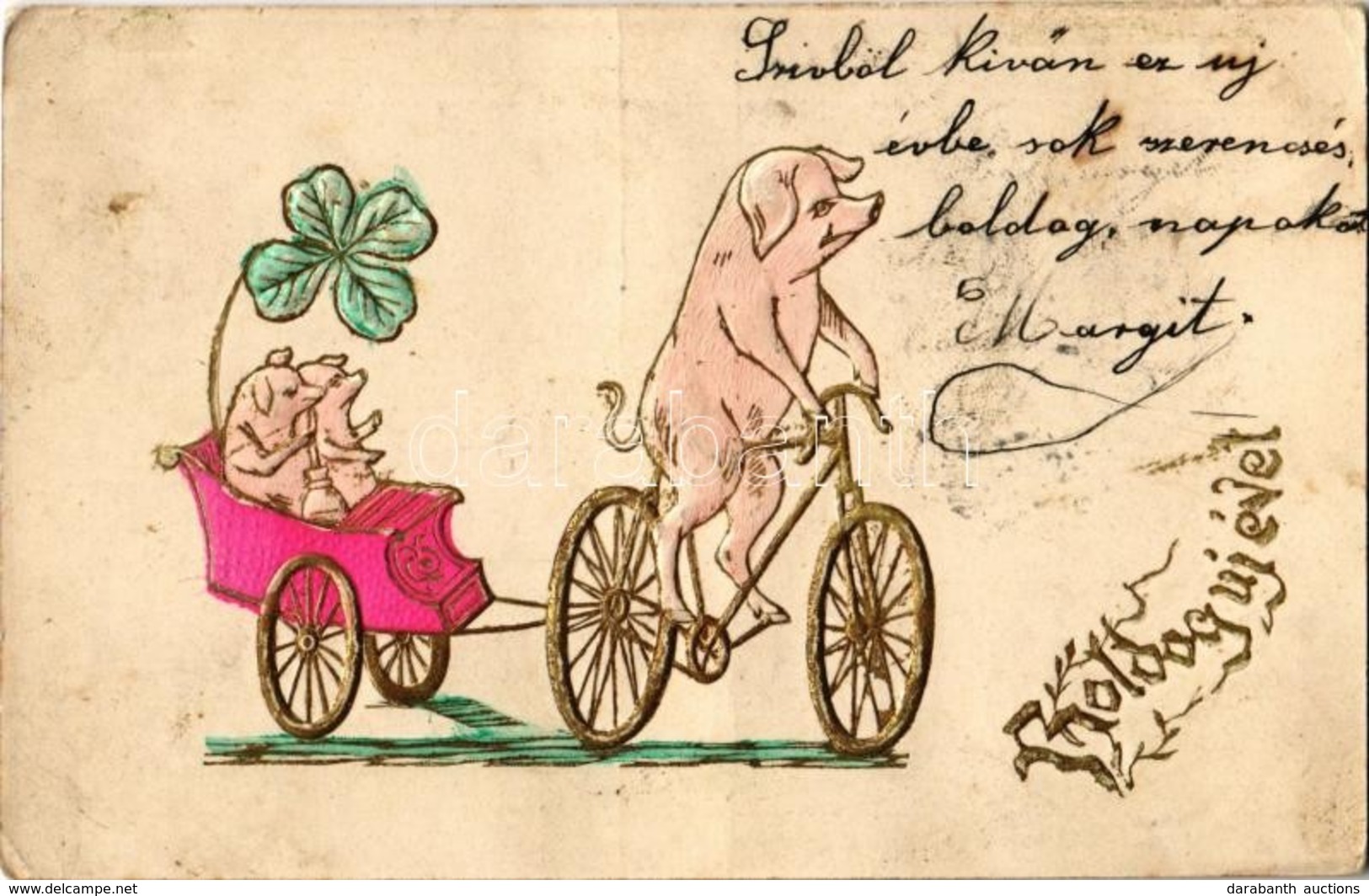 T2/T3 1903 Boldog Új Évet / New Year Greeting Art Postcard With Pigs On Bicycle. Emb. Golden Decoration (EK) - Non Classés