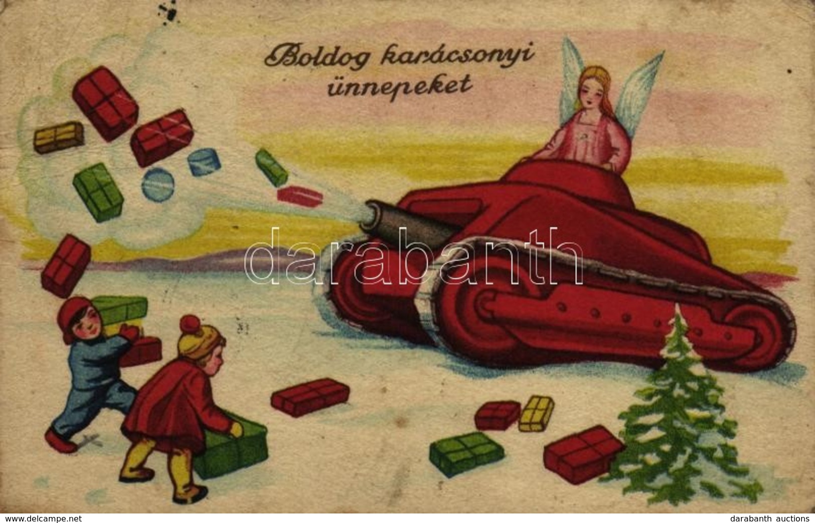 * T3/T4 1940 Boldog Karácsonyi Ünnepeket! Tank Angyallal / Christmas Greeting Art Postcard With Angel And Tank (Rb) - Ohne Zuordnung