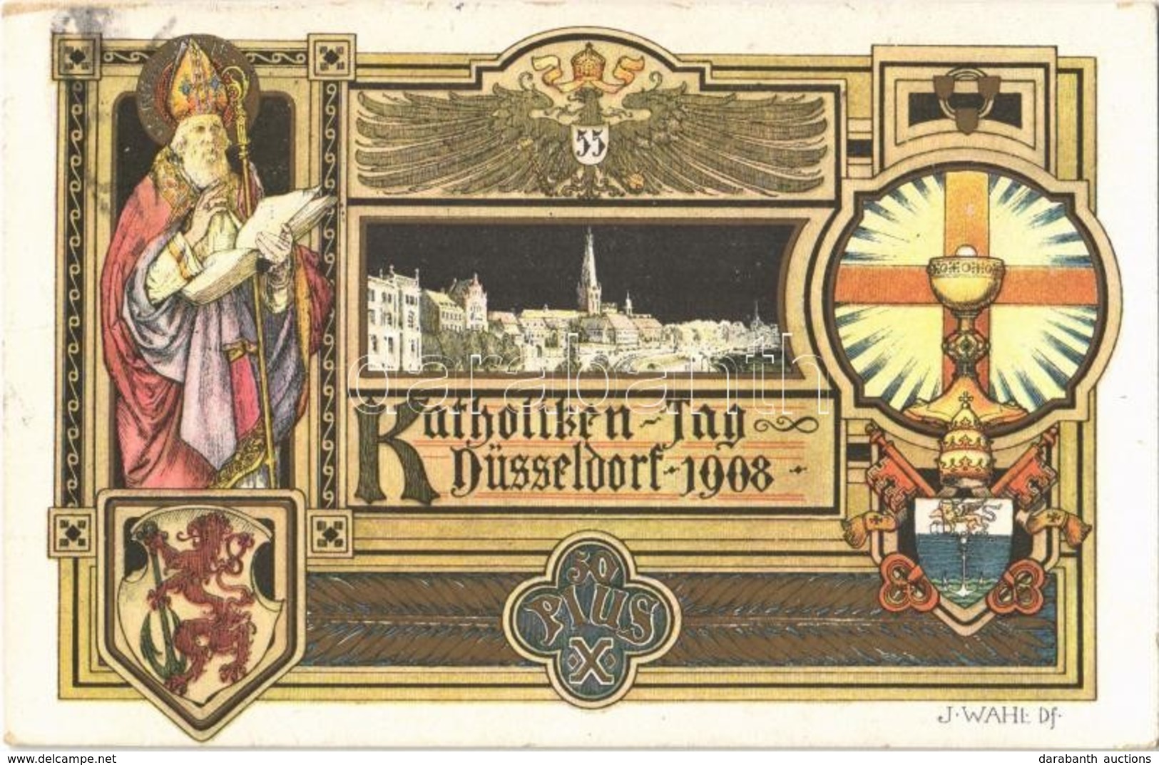 T2 1908 Düsseldorf, Katholiken Tag. Offizielle Fest-Postkarte / Catholics Day. Art Nouveau - Ohne Zuordnung