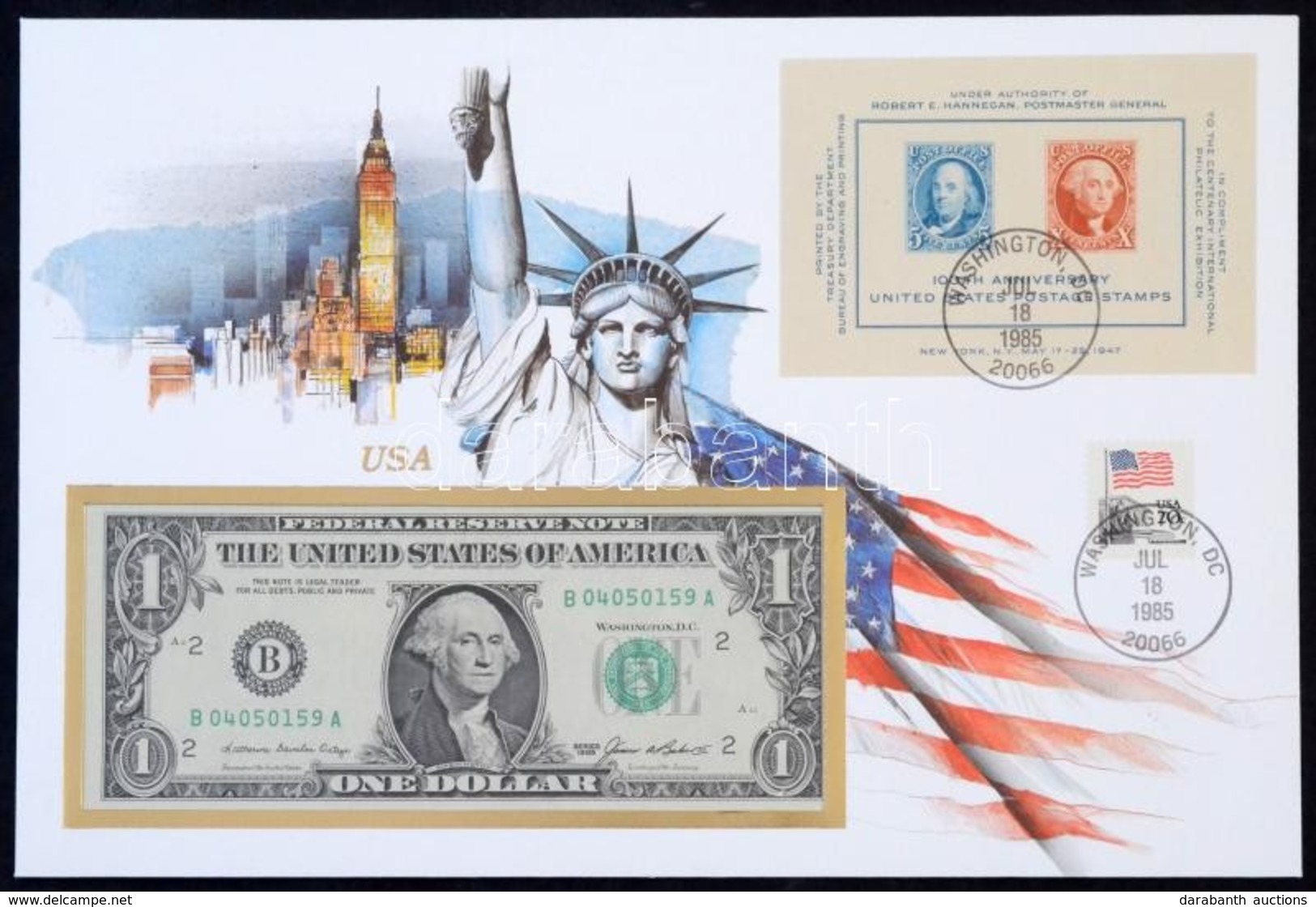 Amerikai Egyesült Államok 1985. 1$ Felbélyegzett Borítékban, Bélyegzéssel T:I 
USA 1985. 1 Dollar In Envelope With Stamp - Ohne Zuordnung