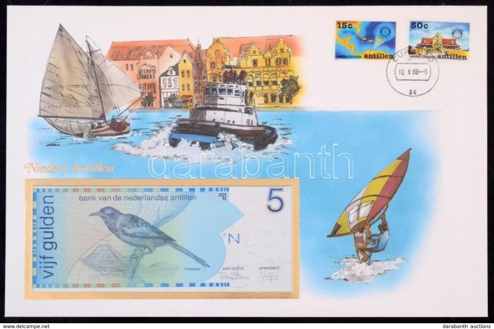 Holland-Antillák 1986. 5G Felbélyegzett Borítékban, Bélyegzéssel T:I 
Netherlands Antilles 1986. 5 Gulden In Envelope Wi - Unclassified