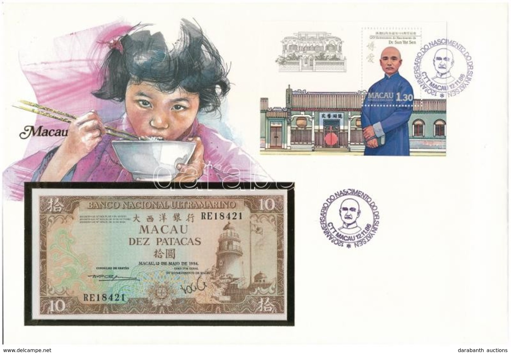 Makaó 1984. 10P Borítékban, Alkalmi Bélyeggel Bélyegzésekkel T:I 
Macau 1984. 10 Patacas In Envelope With Stamps C:UNC - Ohne Zuordnung