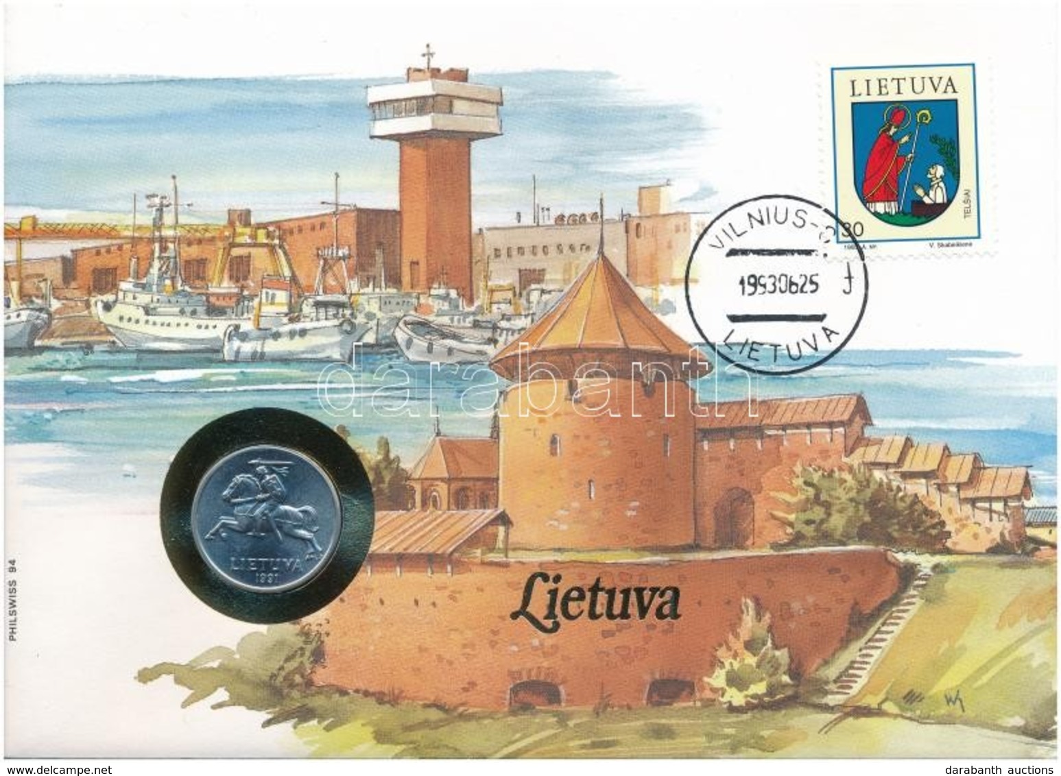 Litvánia 1991. 5c Felbélyegzett Borítékban, Bélyegzéssel, Német Nyelvű Leírással T:1 
Lithuania 1991. 5 Centai In Envelo - Ohne Zuordnung