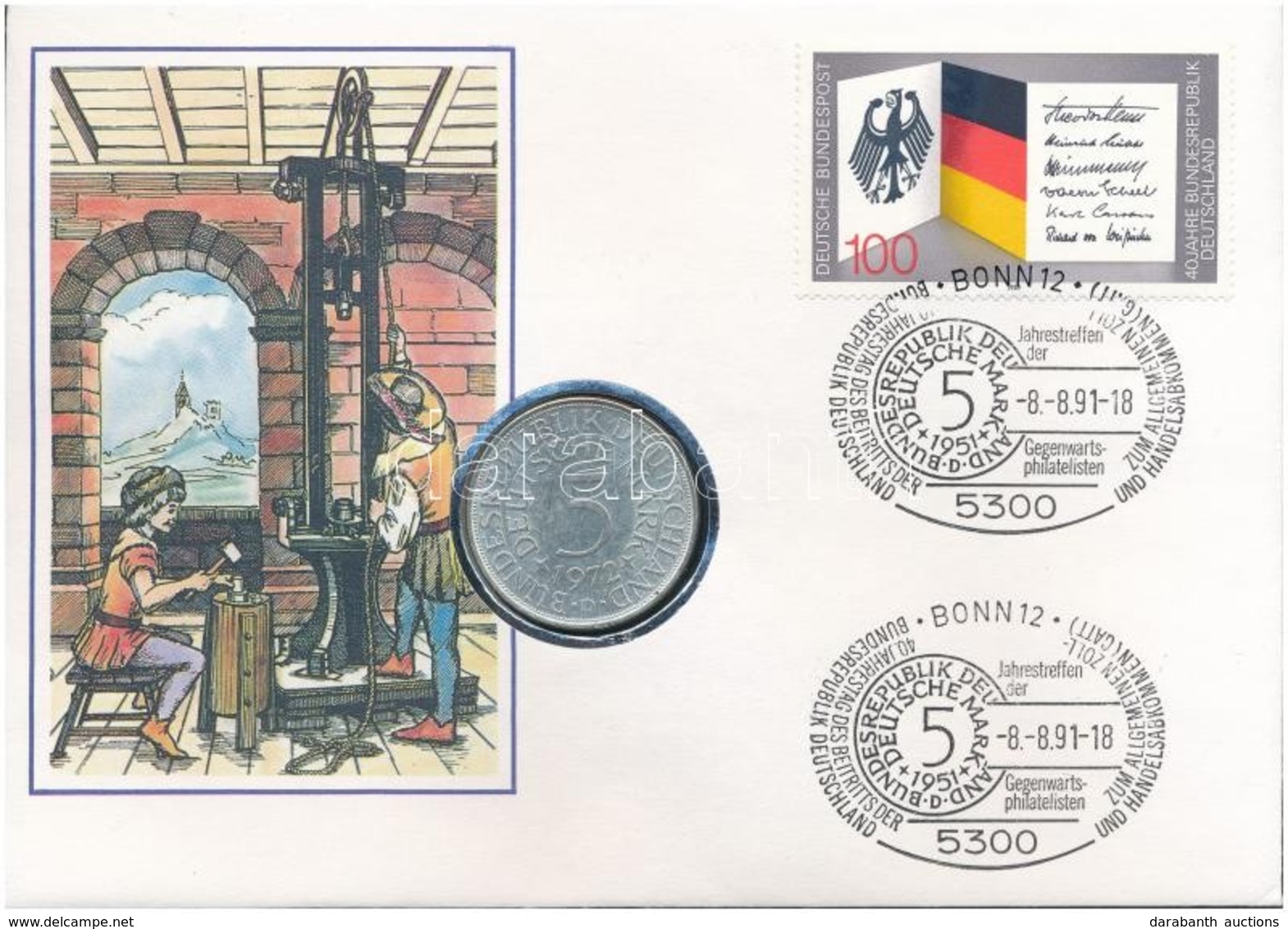 NSZK 1972D 5M Ag Felbélyegzett Borítékban, Bélyegzéssel T:2 
FRG 1972D Mark Ag In Envelope With Stamp And Cancellation C - Non Classés