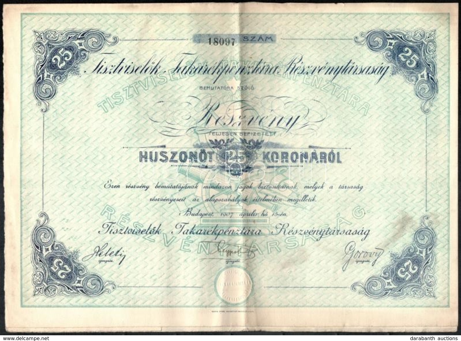 Budapest 1907. 'Tisztviselők Takarékpénztára Részvénytársaság' Részvény 25K-ról (2x) Sorszámkövetők, Szelvényekkel, Szár - Non Classés