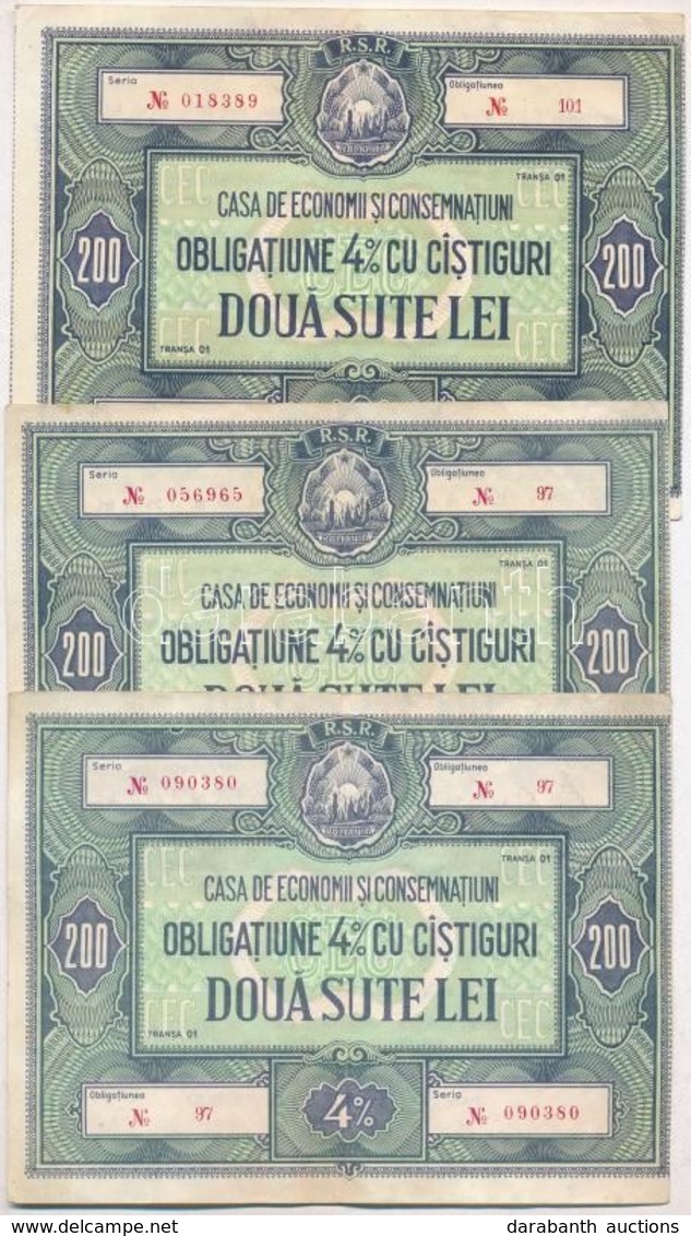 Románia ~1960-1980. 'Casa De Economi Si Consemnatiuni' 4%-os Kölcsön Kötvénye 200L-ről (3x) T:III Vágott Romania ~1960-1 - Ohne Zuordnung