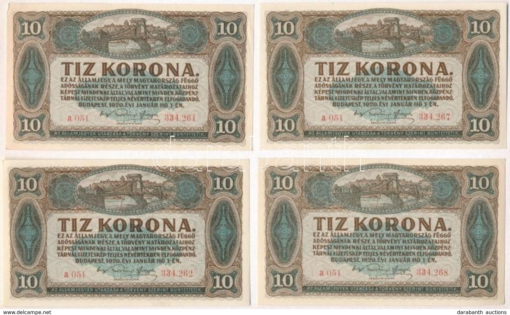 1920. 10K (4x) Sorszámkövetők (2+2) T:I,I- - Ohne Zuordnung