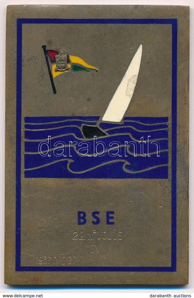 1937. 'BSE (Budapest Sport Egyesület)' Zománcozott Br Plakett, '22m^2 JOLLE IV. - 1937 VI 27' Gravírozással (83x55mm) T: - Non Classés