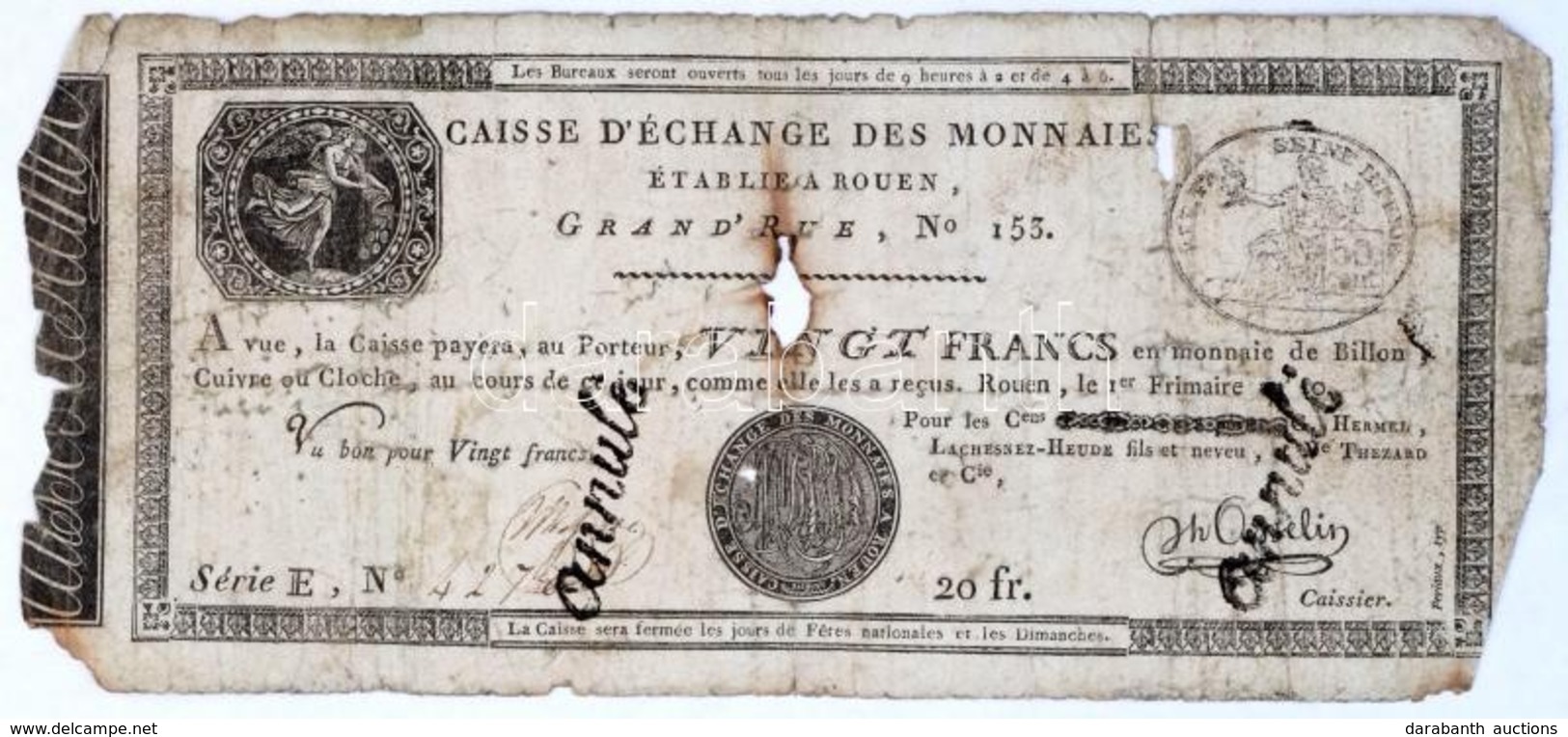 Franciaország / Rouen 1797-1803. 20Fr 'annulé (érvénytelen)' Felülbélyegzéssel T:IV 
France Rouen 1797-1803. 20 Francs ' - Non Classés