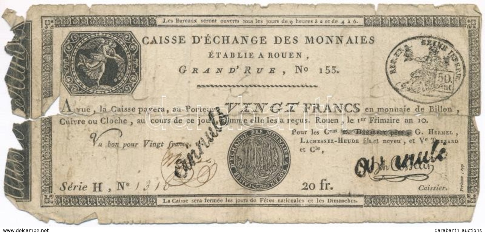 Franciaország / Rouen 1797-1803. 20Fr 'annulé (érvénytelen)' Felülbélyegzéssel T:IV 
France Rouen 1797-1803. 20 Francs ' - Ohne Zuordnung