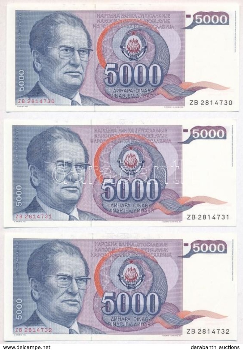 Jugoszlávia 1985. 5000D (3x) Sorszámkövetők T:I,I-
Yugoslavia 1985. 5000 Dinara (3x) Sequential Serials C:UNC,AU - Ohne Zuordnung