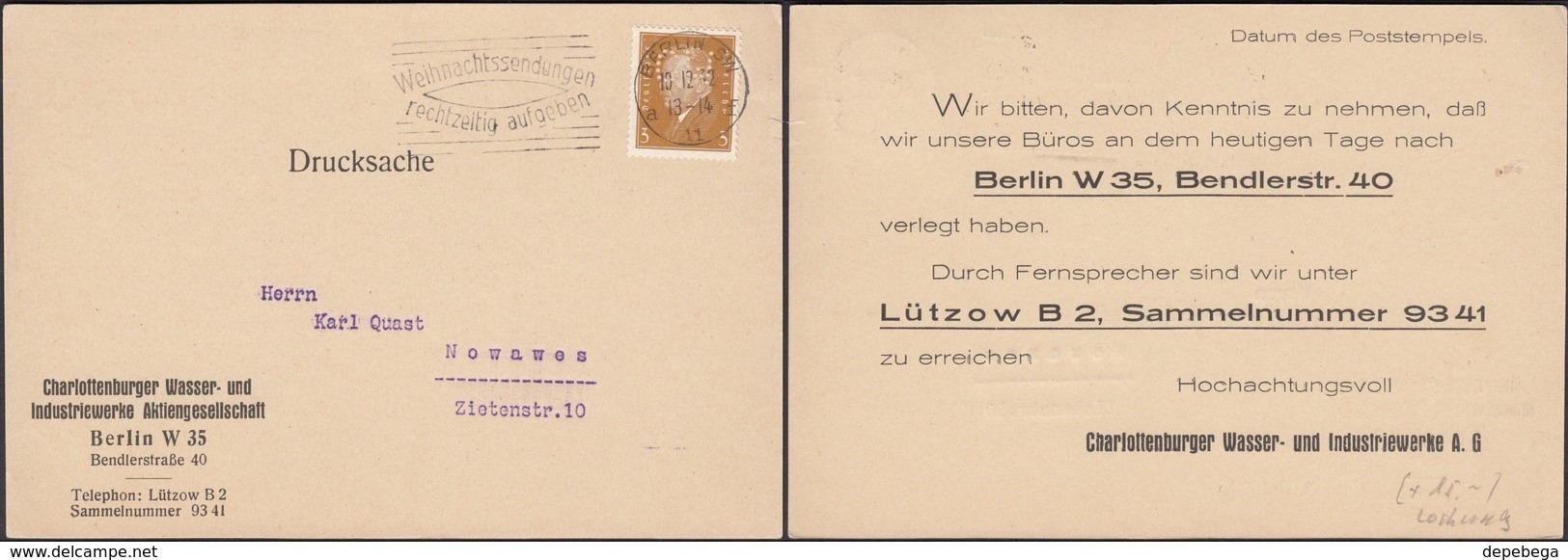 Germany - Charlottenburg Wasser-u. Industriewerke. BERLIN, 18.12.1932 - Nowawes. Mi. 410 EF, Perfin / Firmenlochung 'CW' - Briefe U. Dokumente