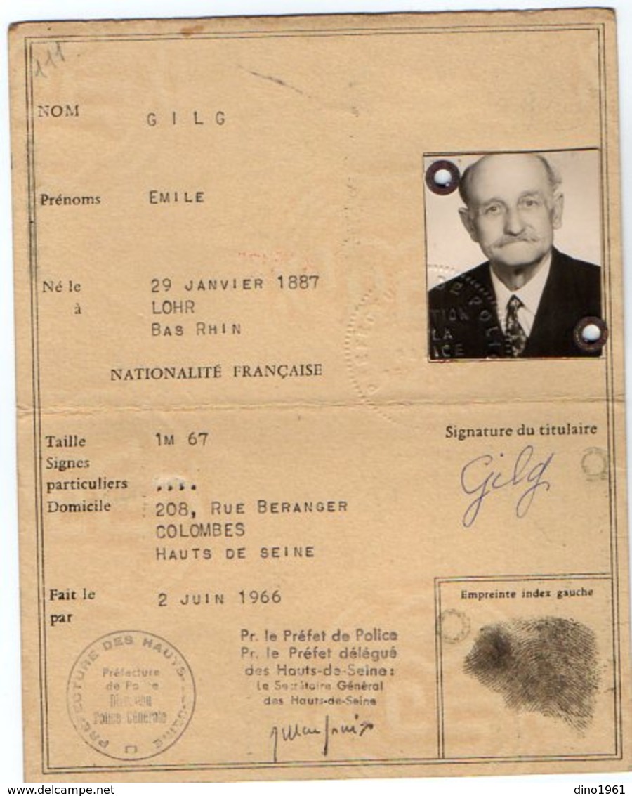 VP16.680 - COLOMBES 1966 - Préfecture De Police - Carte Nationale D'Identité - Mr Emile GILG Né à LOHR - Policia