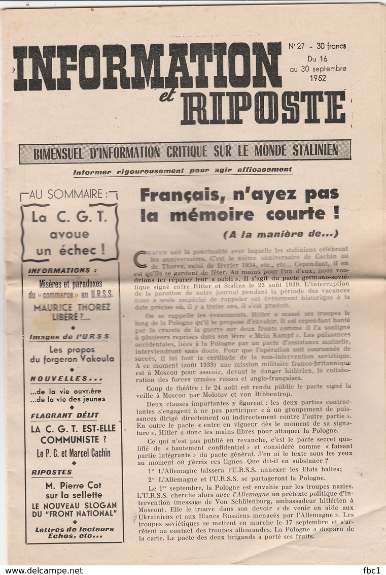 Information Et Riposte N°27 (1952) Bimensuel Anticommunisme - CGT- Pierre Cot - Marcel Cachin - Politics