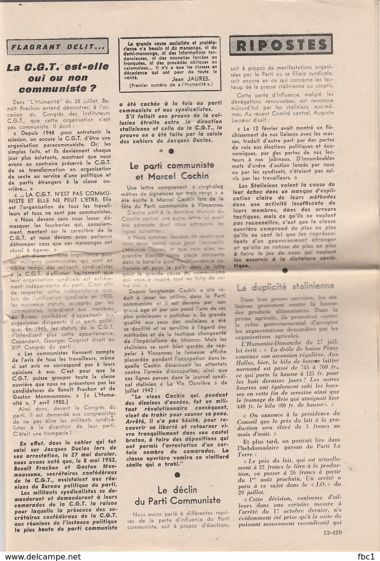 Information Et Riposte N°27 (1952) Bimensuel Anticommunisme - CGT- Pierre Cot - Marcel Cachin - Política
