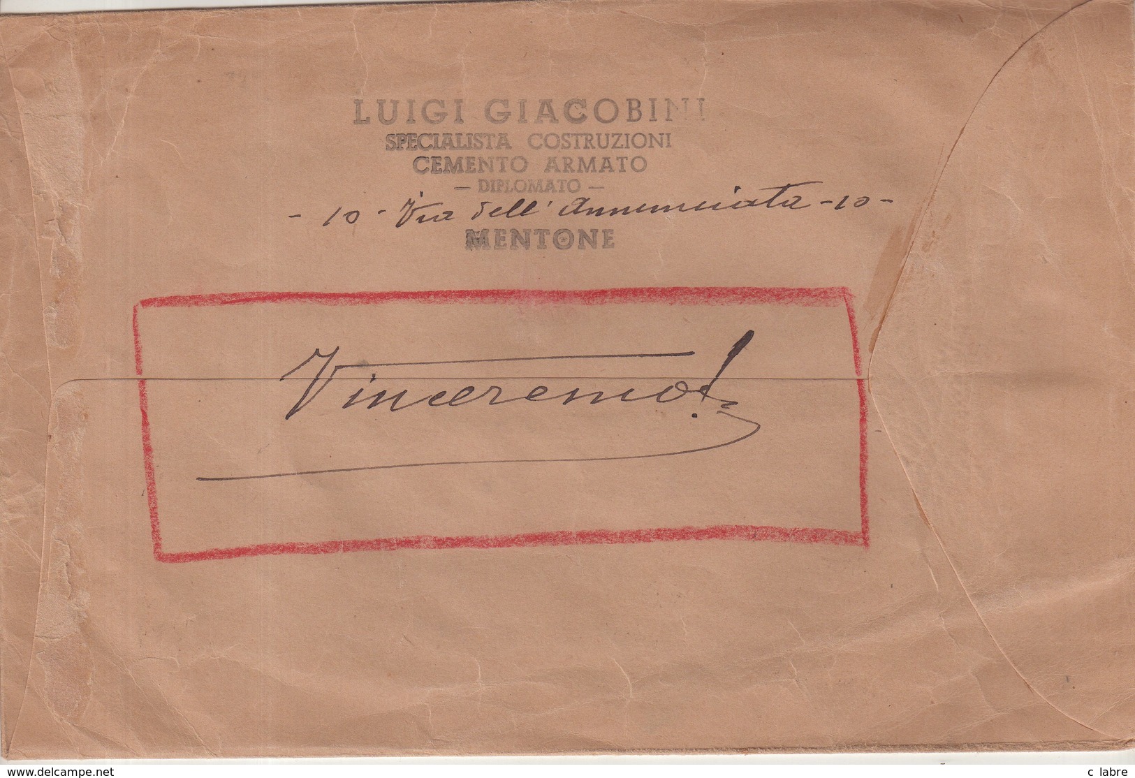 ITALIE : GUERRE . LETTRE REC A 4.25 LIRE . DE L'OCCUPATION ITALIENNE DE MENTON . 1942 - Autres & Non Classés