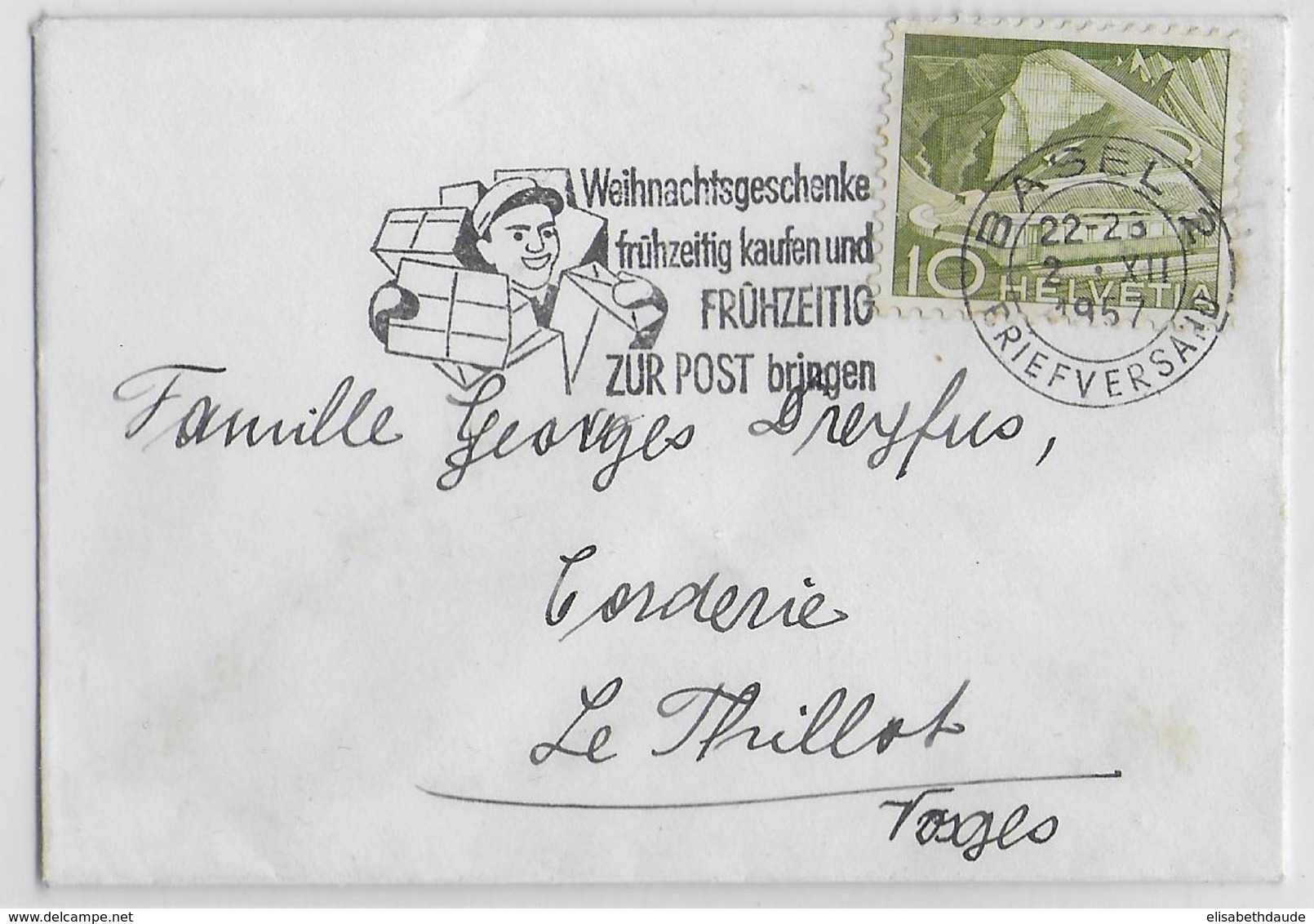 1957 - SUISSE - ENVELOPPE PETIT FORMAT CARTE DE VISITE De BASEL => LE THILLOT (VOSGES) - TARIF ! - Storia Postale