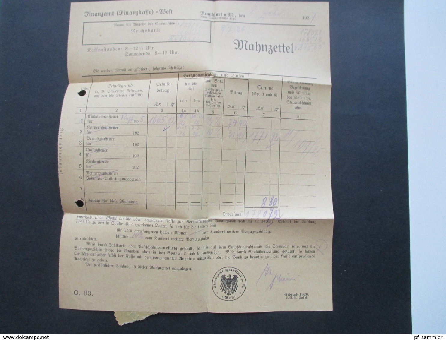 Deutsches Reich Frei Durch Ablösung Reich 1927 Finanzamt Frankfurt (Main) Stempel Älteste Deutsche Messe. Ortsbrief - Briefe U. Dokumente
