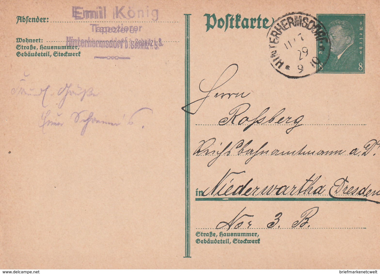 Deutsches Reich / 1929 / K1 UNTERHERMSDORF Auf Postkarte (5117) - Maschinenstempel (EMA)