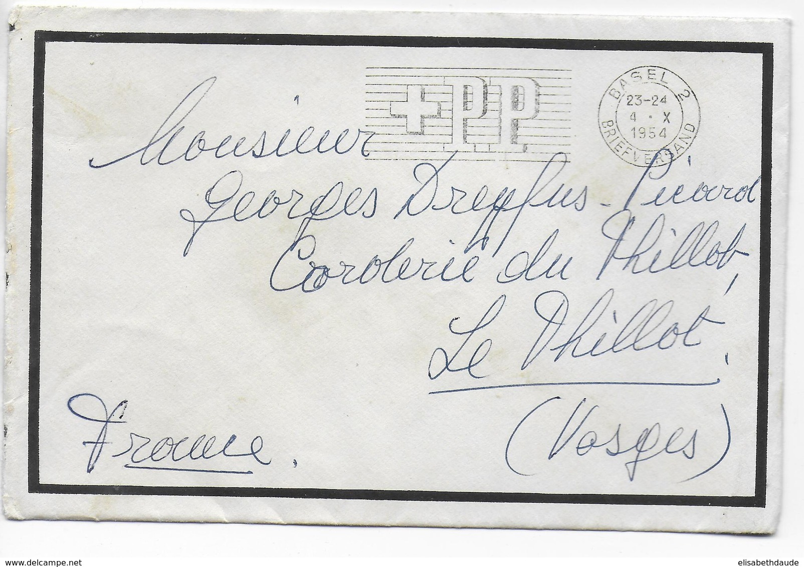 1954 - SUISSE - ENVELOPPE Avec MECA PORT PAYE De BASEL => LE THILLOT (VOSGES) - Marcofilia