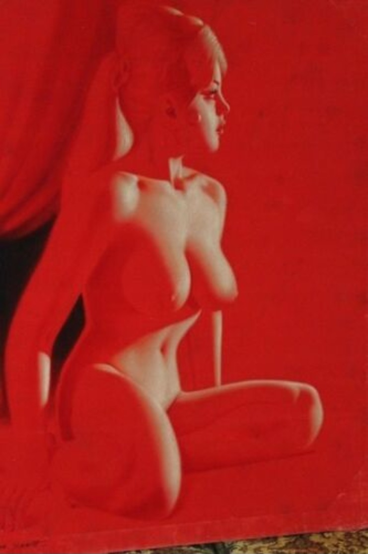 1970's Vintage Nude Lady On Red Velvet Painting W/ Wooden Frame 36x28 Inc - Oils