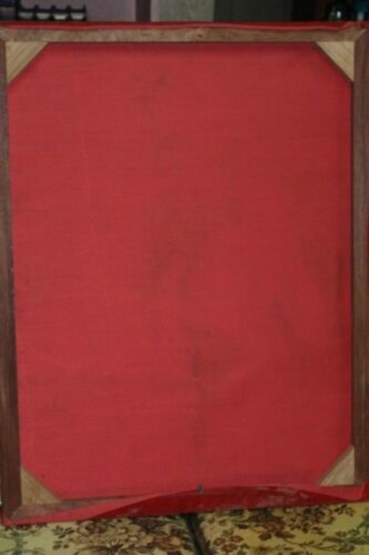 1970's Vintage Nude Lady On Red Velvet Painting W/ Wooden Frame 36x28 Inc - Oils