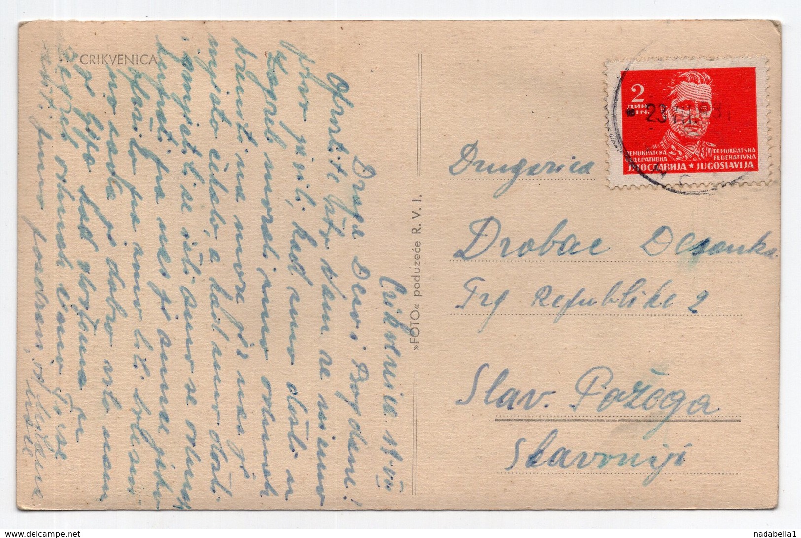 1948 YUGOSLAVIA, CROATIA, CRIKVENICA TO SL. POZEGA, USED, ILLUSTRATED POSTCARD, NATIONAL THEATRE - Yugoslavia