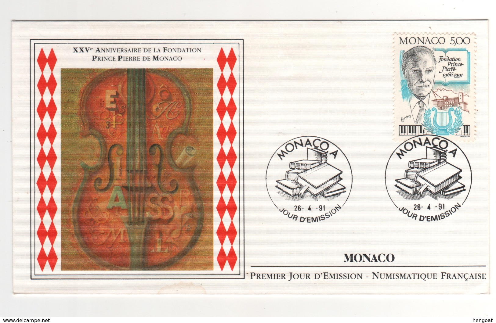 Enveloppe Premier Jour D'émission Du Timbre Yvert N° 1777 " Fondation Du Prince Pierre " Du 26/04/1991 - Storia Postale