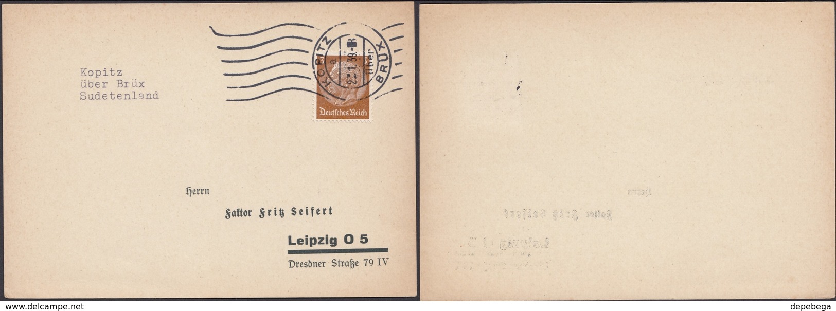 Germany - Sudetenland, Böhmen Und Mähren. Kopitz (über Brüx) Kopisty, Czechoslovakia 27.1.1939 - Leipzig. - Covers & Documents