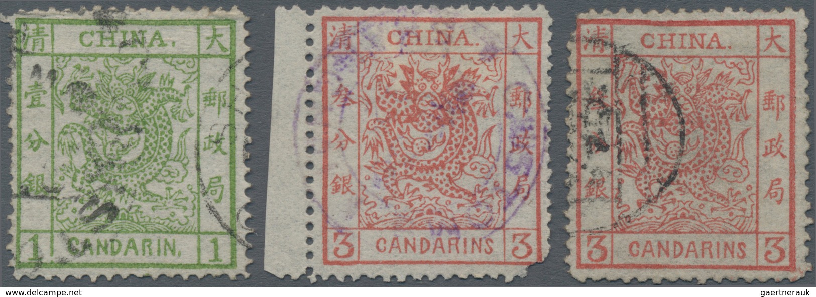 China: 1878, Large Dragon Thin Paper 1 Ca. Resp. 3 Ca. Dark Red (2, One Margin Copy With Full Strike - Autres & Non Classés
