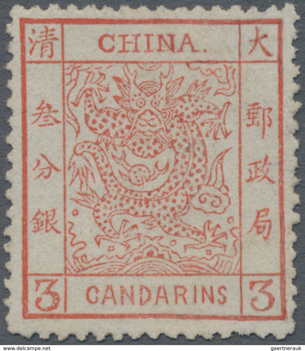 China: 1878, Large Dragon On Thin Paper, 3 Ca. Dark Red, Unused Mounted Mint VLH (Michel Cat. 430.-) - Sonstige & Ohne Zuordnung