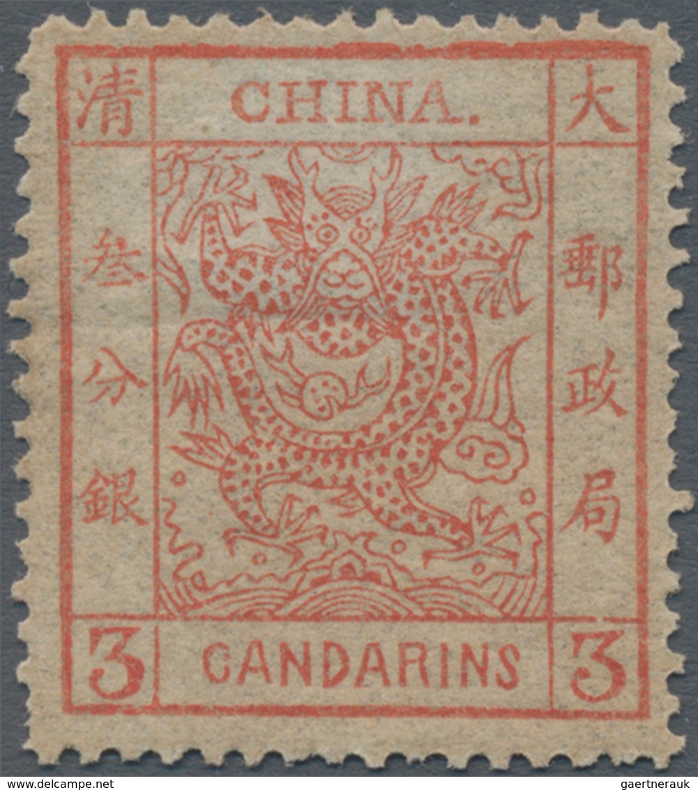 China: 1878, Large Dragon On Thin Paper, 3 Ca. Dark Red, Unused Mounted Mint (Michel Cat. 430.-). - Autres & Non Classés