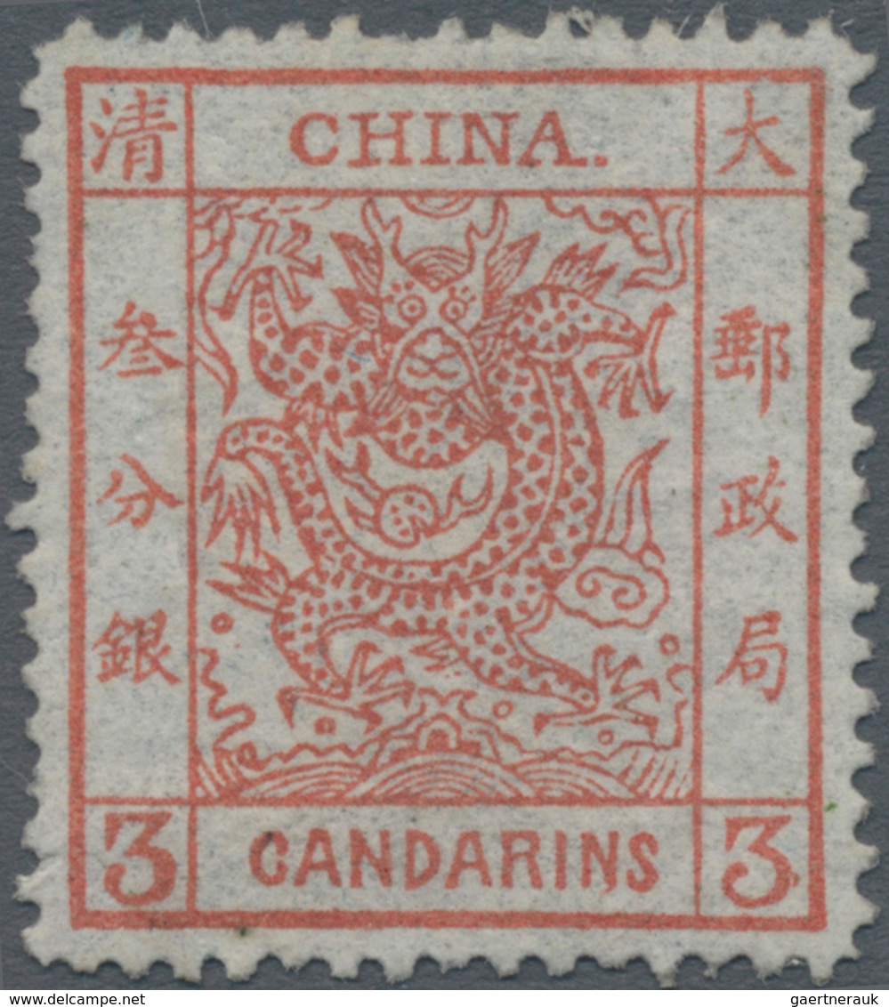 China: 1878, Large Dragon On Thin Paper, 3 Ca. Dark Red, Unused No Gum, Pulled Perf. And 1mm Closed - Andere & Zonder Classificatie