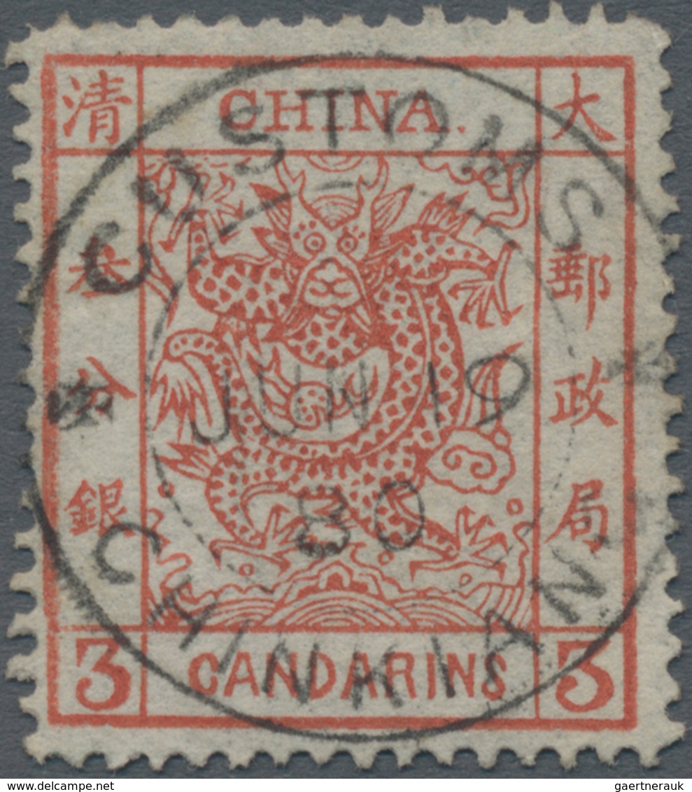 China: 1878, Large Dragon Thin Paper 3 Ca. Dark Red Canc. Full Strike "CUSTOMS CHINKIANG JUN 19 80" - Autres & Non Classés