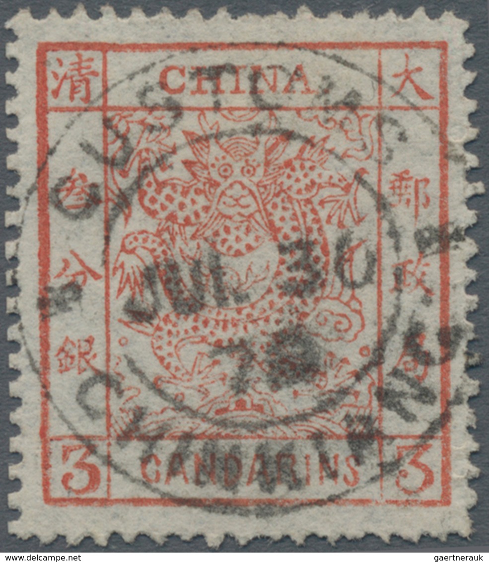 China: 1878, Large Dragon Thin Paper 3 Ca. Dark Red Canc. Full Strike "CUSTOMS CHINKIANG JUL 30 79" - Sonstige & Ohne Zuordnung