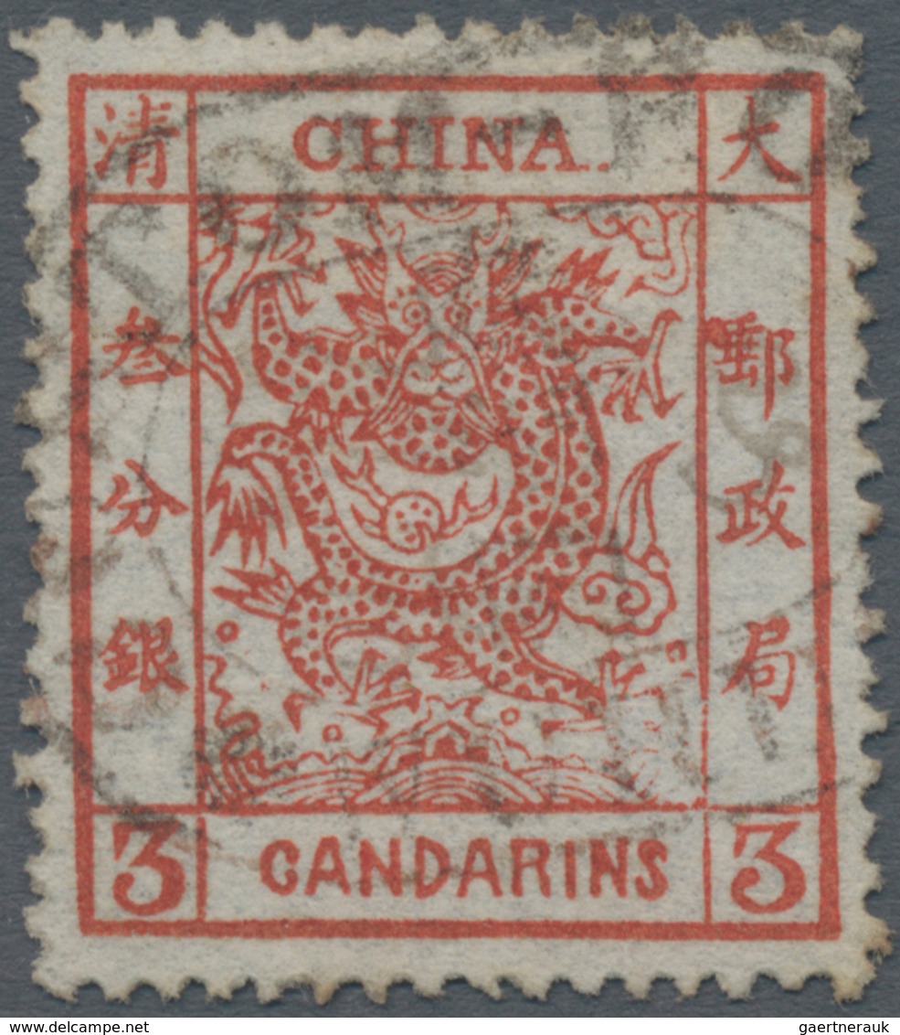 China: 1878, Large Dragon Thin Paper 3 Ca. Deep Dark Red Canc. Oval Bilingual "CUSTOM-HOUSE WUHU", R - Autres & Non Classés