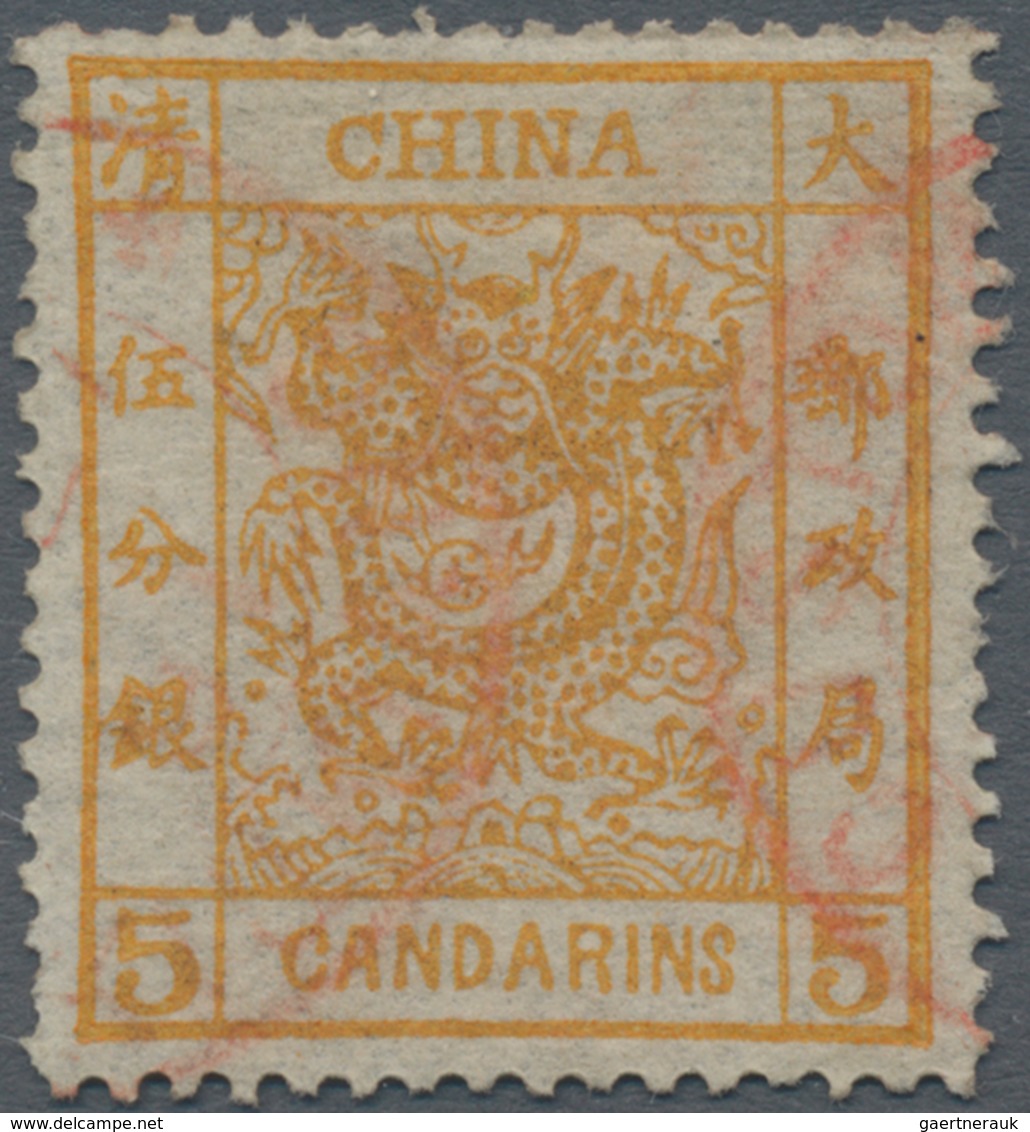 China: 1878, Large Dragon Thin Paper 3 Ca. Orange Canc. Red Customs Dater, Top Slight Crease (Michel - Altri & Non Classificati