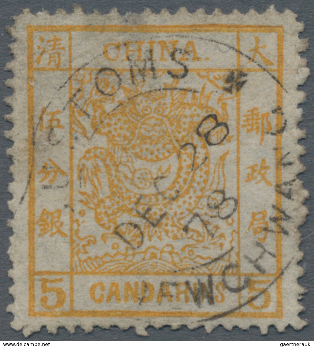 China: 1878, Large Dragon Thin Paper 5 Ca. Yellow Canc. "CUSTOMS NEWCHWANG DEC 28 78", Soiled And Ho - Sonstige & Ohne Zuordnung