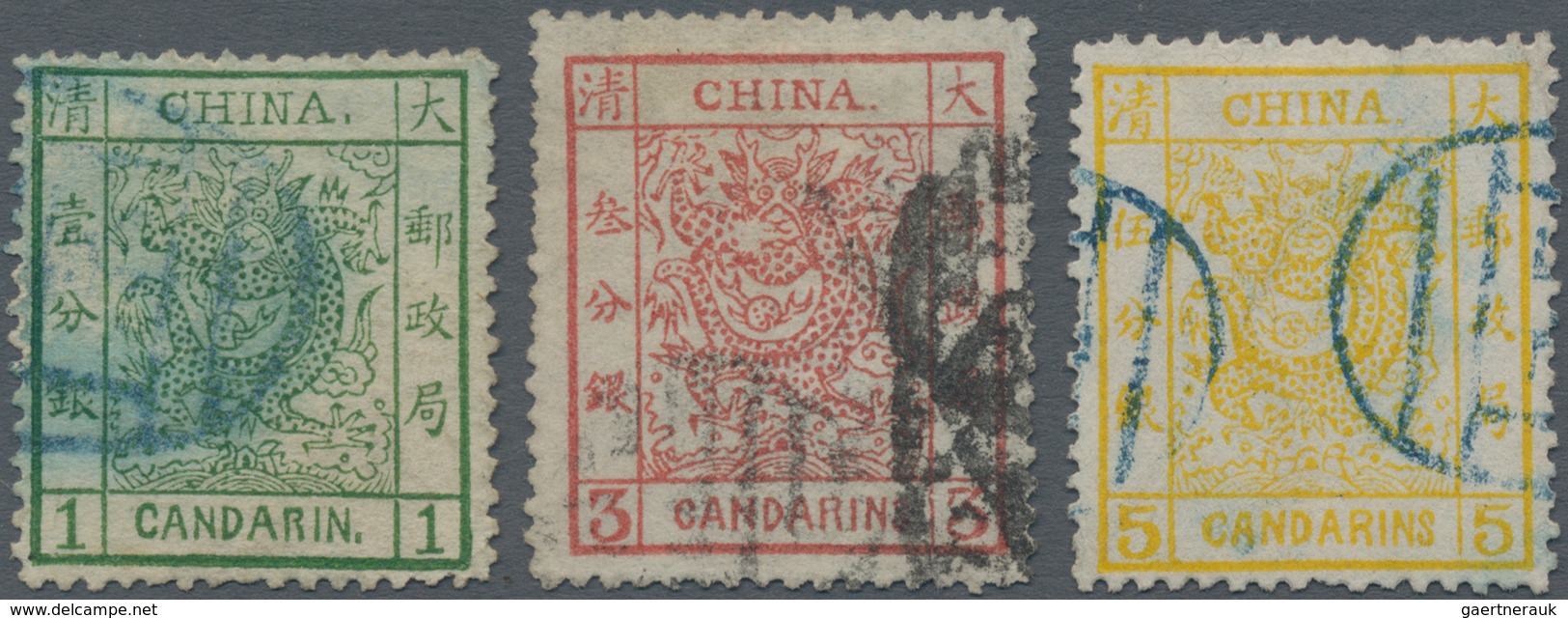 China: 1882/83, Large Dragon Cpl. Used Set: 1 Ca. Deep Green On Thick Paper (corner Crease); 3 Ca. B - Sonstige & Ohne Zuordnung