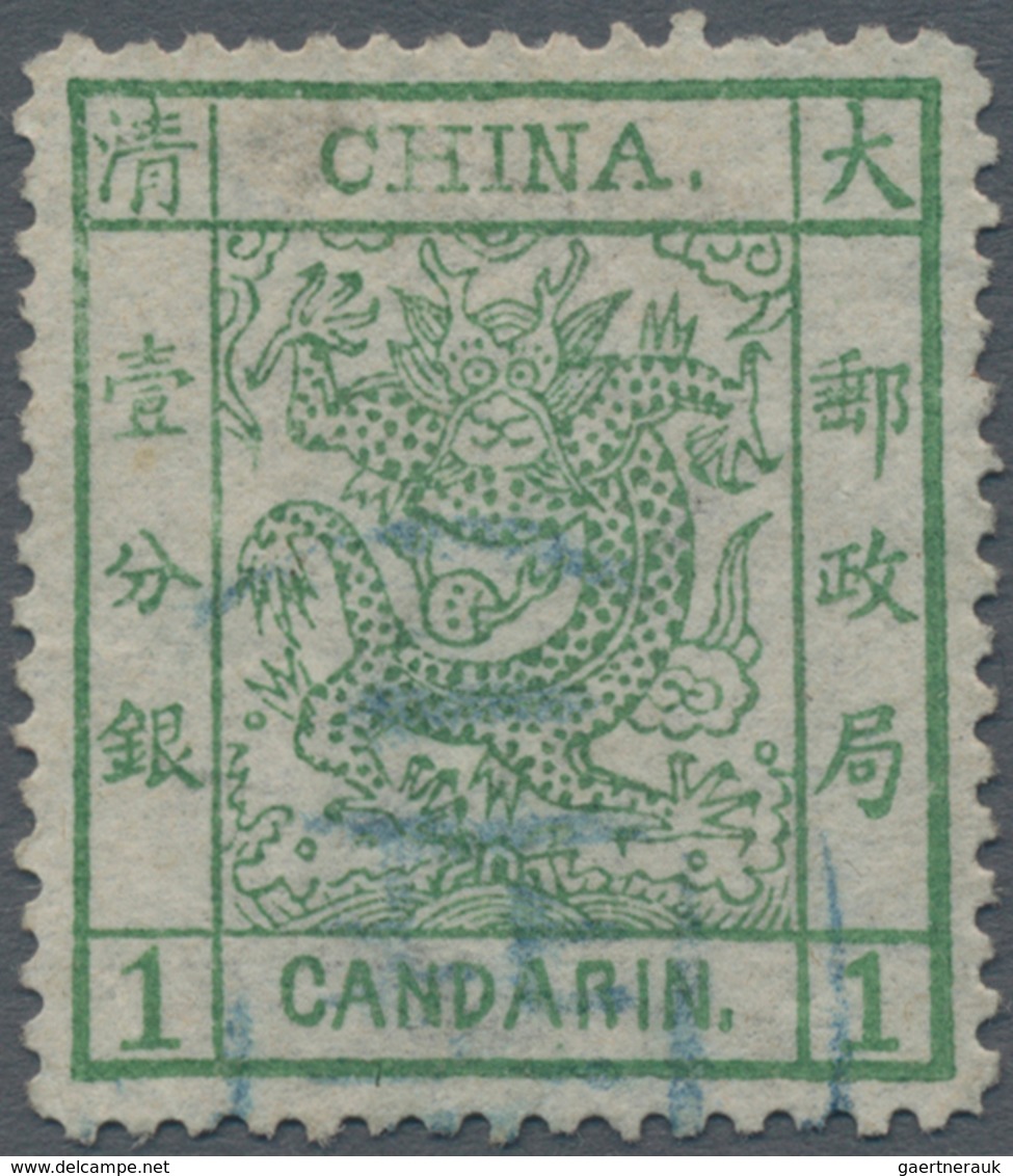 China: 1883, Large Dragon Thick Paper 1 Ca. Green Canc. Part Strike Blue Seal, Reverse Bottom Slight - Sonstige & Ohne Zuordnung