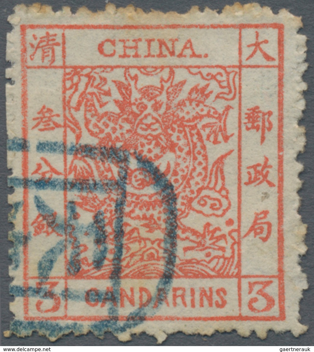 China: 1885, Large Dragon Thick Paper Rough Perfs. 3 Ca. Vermilion Canc. Blue Seal "Tien(tsin)", Sli - Autres & Non Classés